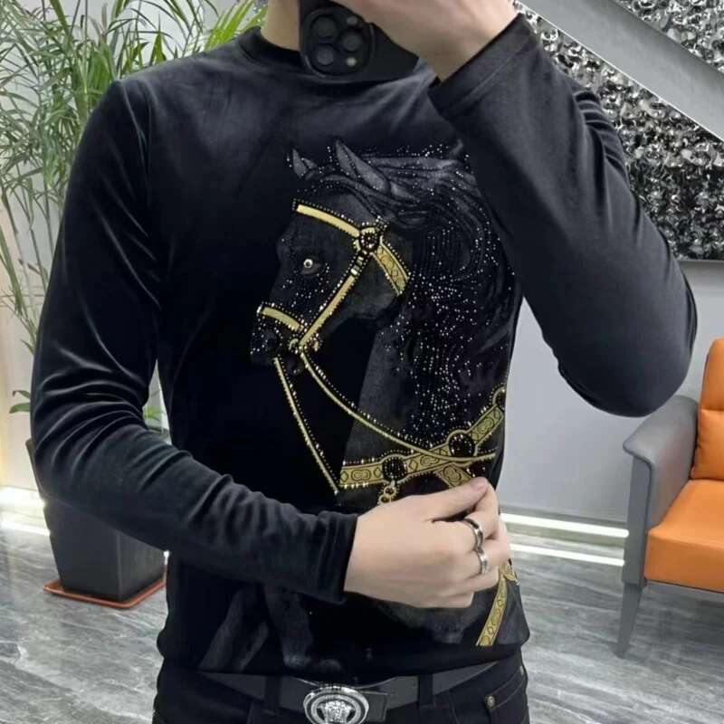 Woodworking Brand - Golden Velvet Animal Horse Pattern O-Neck